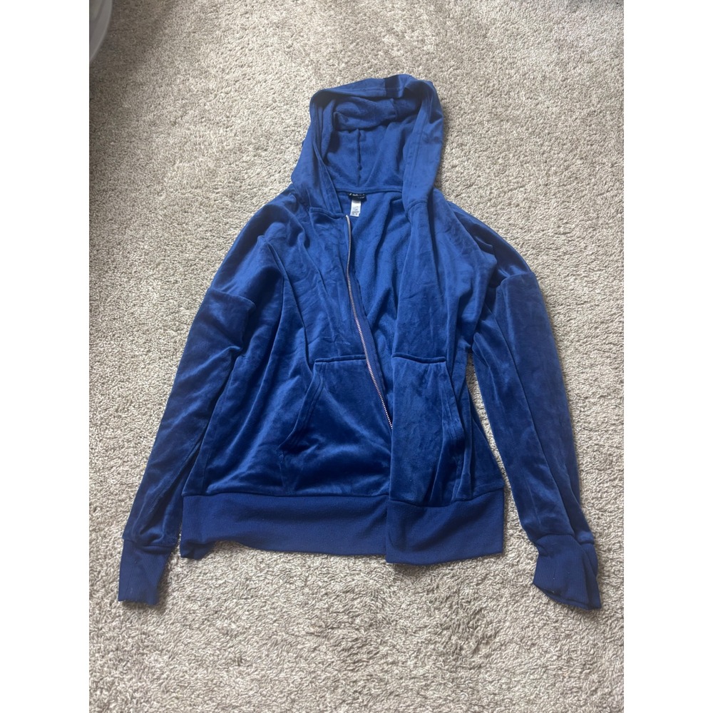 Felina Womens Royal Blue Velour Zip Up Hoodie Sweatshirt C7589 Large